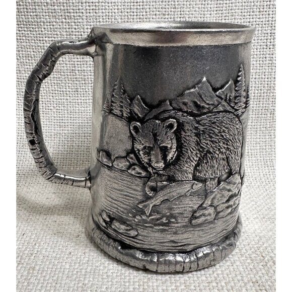Pewter Tanker Mug with Moose Bear Mountains Fish Trees Stream raised 3D design - Picture 1 of 3